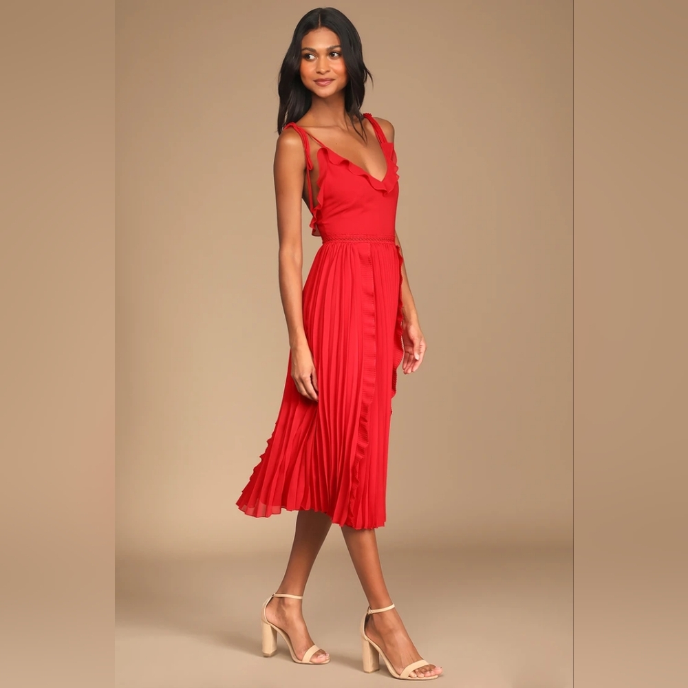 Never a Dull Moment Bright Red Tie-Strap Pleated Midi Dress